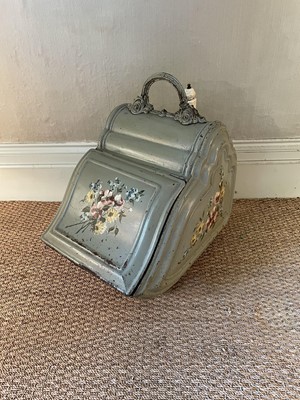 Lot 1151 - Victorian painted toleware coal purdonium, floral painted with surmounting handle, 55cm high