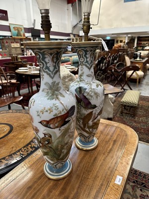 Lot 1058 - Pair of 19th century painted bohemian milk glass vases, presented as lamps, painted with exotic birds. vases 50cm high