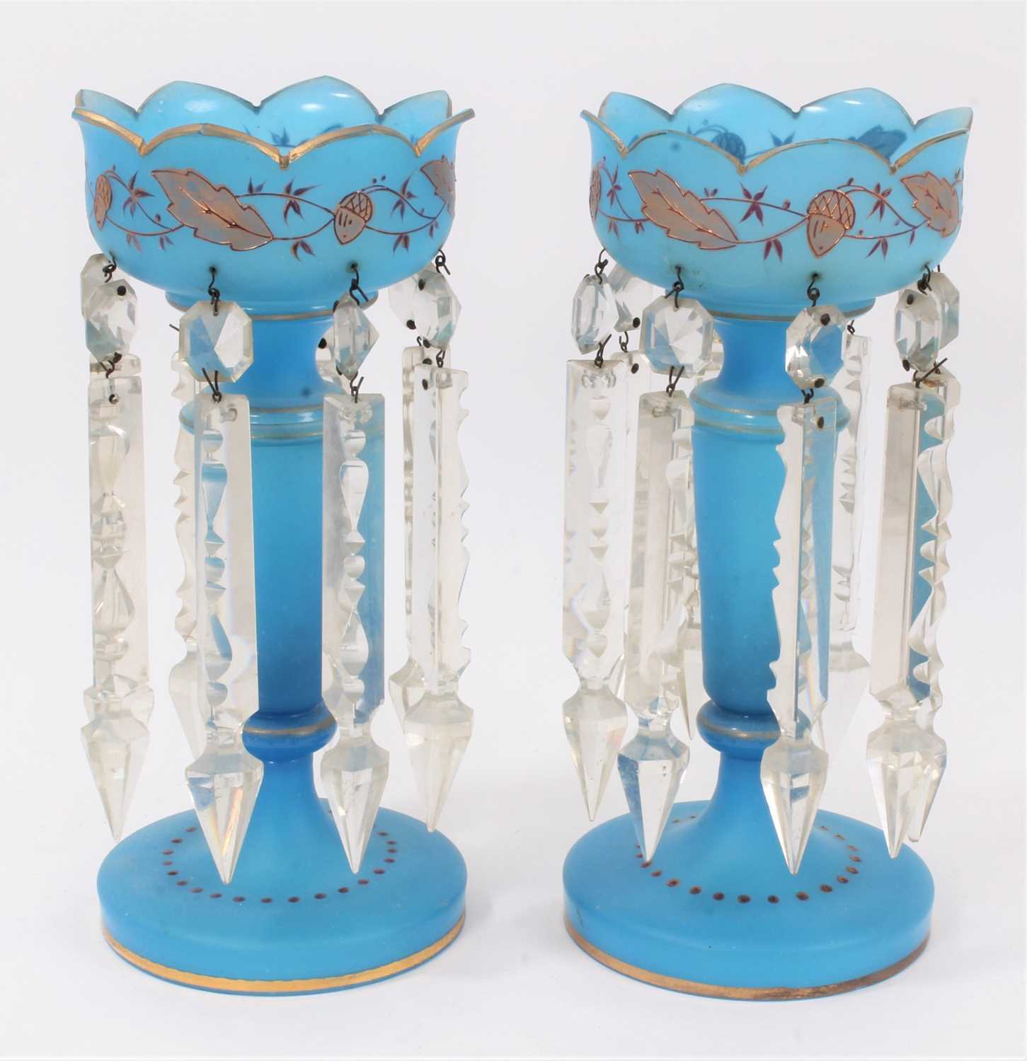 Lot 44 - Pair of Victorian blue glass lustres