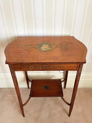 Lot 1136 - Edwardian satinwood and polychrome painted two tier side table, 63cm wide x 40cm deep x 73cm high