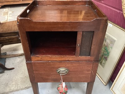 Lot 1073 - George III mahogany beside cupboard, with pierced gallery and enclosed by tambour slide with pot drawer below, on square legs, 48cm wide 44cm deep x 78cm high