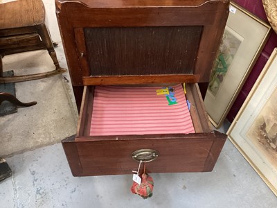 Lot 1073 - George III mahogany beside cupboard, with pierced gallery and enclosed by tambour slide with pot drawer below, on square legs, 48cm wide 44cm deep x 78cm high