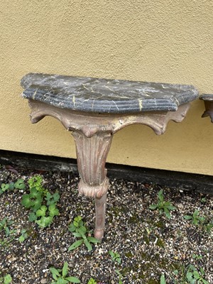 Lot 1263 - Pair of antique Continental gilt painted and faux marble wall brackets., 48cm wide x 23cm deep x 57cm high