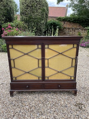 Lot 1262 - Antique mahogany side cabinet, enclosed by pair of astragal glazed doors with two drawers below on bracket feet, 131cm wide x 35cm deep x 135cm high