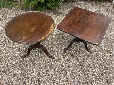 Lot 1295 - Georgian mahogany occasional table, with rounded square top raised on tripod cabriole legs and paw feet, 60cm wide x 58cm high, together with a Georgian style pie crust top occasional table.  (2)