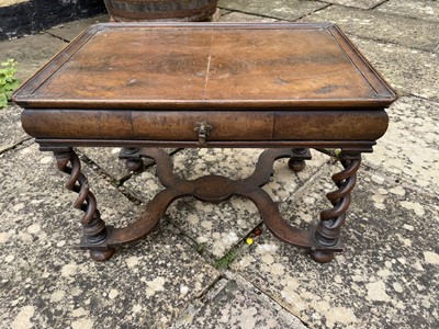 Lot 1257 - Queen Anne revival walnut side table, with dished top and drawer to the cushion frieze on pierced barley twist suppprts and shaped stretcher on bun feet, 62cm wide x 41cm deep x 43cm high