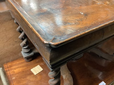 Lot 1257 - Queen Anne revival walnut side table, with dished top and drawer to the cushion frieze on pierced barley twist suppprts and shaped stretcher on bun feet, 62cm wide x 41cm deep x 43cm high