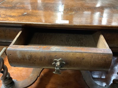 Lot 1257 - Queen Anne revival walnut side table, with dished top and drawer to the cushion frieze on pierced barley twist suppprts and shaped stretcher on bun feet, 62cm wide x 41cm deep x 43cm high