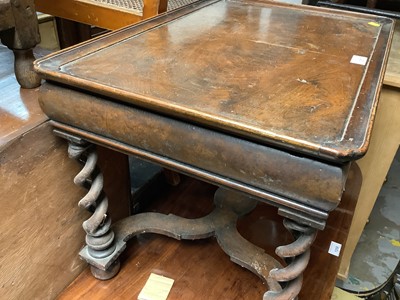 Lot 1257 - Queen Anne revival walnut side table, with dished top and drawer to the cushion frieze on pierced barley twist suppprts and shaped stretcher on bun feet, 62cm wide x 41cm deep x 43cm high