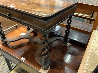 Lot 1257 - Queen Anne revival walnut side table, with dished top and drawer to the cushion frieze on pierced barley twist suppprts and shaped stretcher on bun feet, 62cm wide x 41cm deep x 43cm high