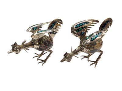 Lot 1016 - Pair of Mexican silver mounted chicken ornaments, both with egg shaped polished hard stone bodies and turquoise inlaid decoration to the feathers