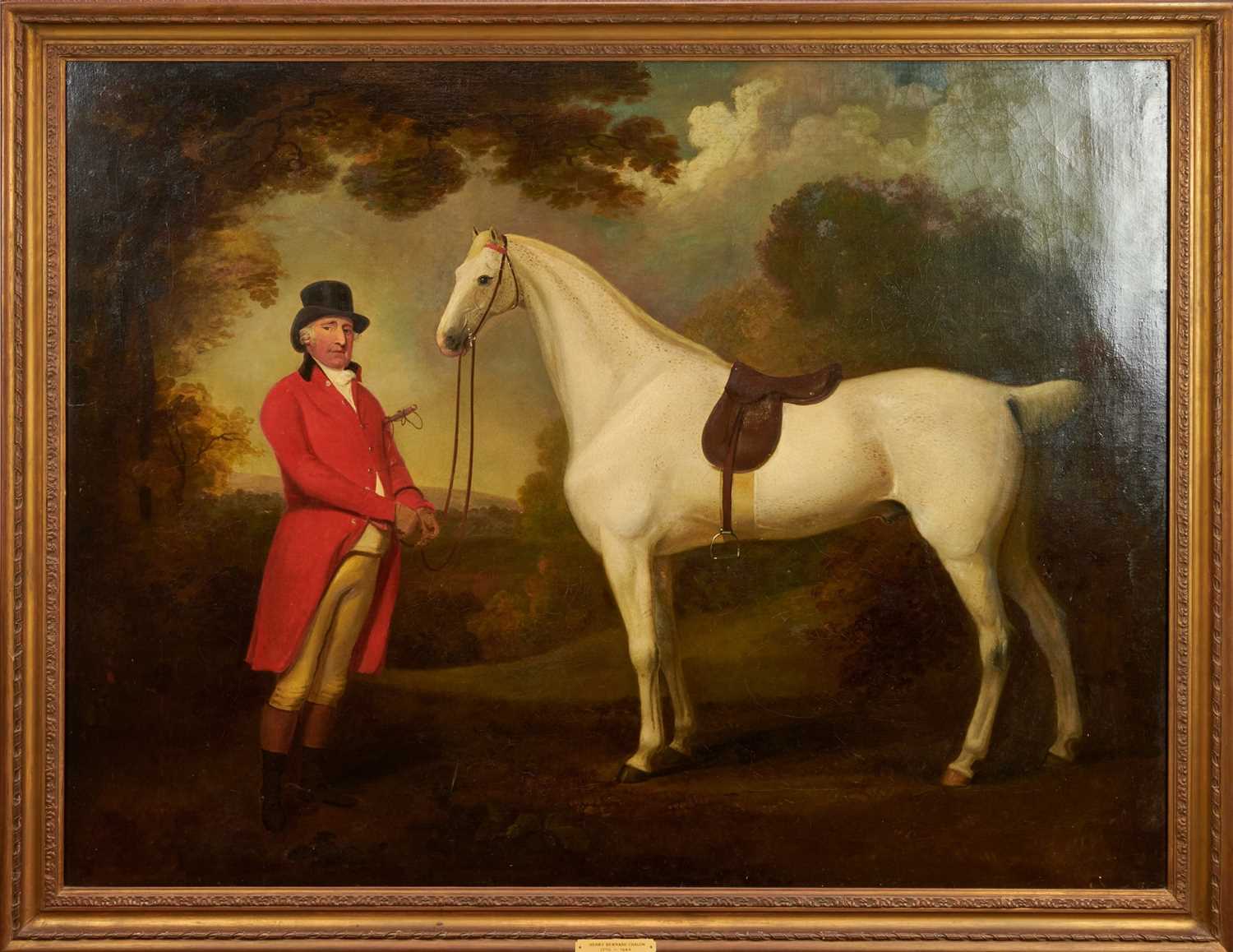 Lot 867 - Henry Bernard Chalon (1770-1849) oil on canvas - A Gentleman with his Grey Hunter, in gilt frame