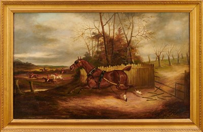 Lot 1093 - J. Clark (1812-1884), oil on canvas - The Runaway Carriage Horse, signed, 56cm x 91cm, in gilt frame