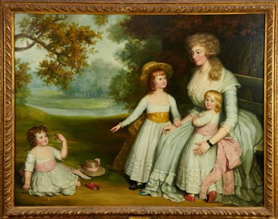 Lot 851 - John Russell (1745-1806) oil on canvas - Portrait of Mrs Drury and her three children in Parkland, 86cm x 107cm, in gilt frame