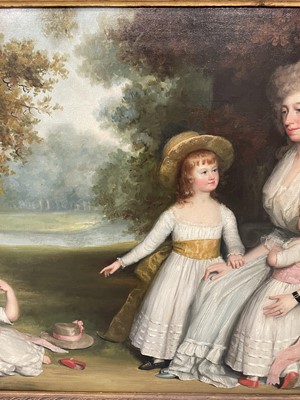 Lot 851 - John Russell (1745-1806) oil on canvas - Portrait of Mrs Drury and her three children in Parkland, 86cm x 107cm, in gilt frame