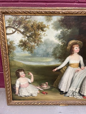 Lot 851 - John Russell (1745-1806) oil on canvas - Portrait of Mrs Drury and her three children in Parkland, 86cm x 107cm, in gilt frame