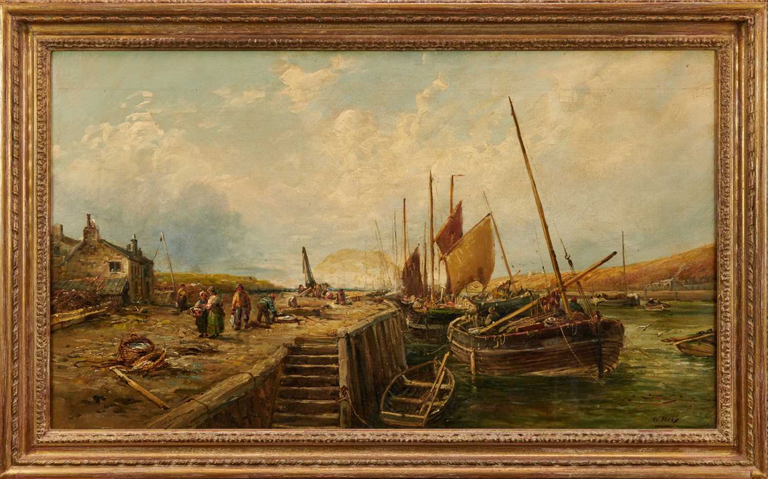 Lot 864 - W. Webb, 19th century, oil on canvas - Fishing Boats at the Quayside, signed, 54cm x 95cm, in gilt frame