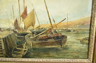 Lot 864 - W. Webb, 19th century, oil on canvas - Fishing Boats at the Quayside, signed, 54cm x 95cm, in gilt frame