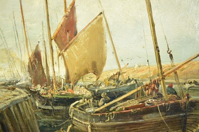 Lot 864 - W. Webb, 19th century, oil on canvas - Fishing Boats at the Quayside, signed, 54cm x 95cm, in gilt frame