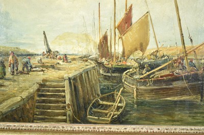 Lot 864 - W. Webb, 19th century, oil on canvas - Fishing Boats at the Quayside, signed, 54cm x 95cm, in gilt frame