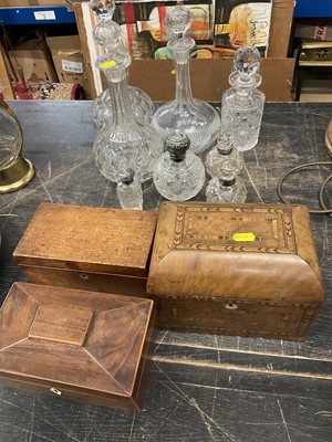 Lot 148 - Three 19th century tea caddies and glass decanters, and scent bottles