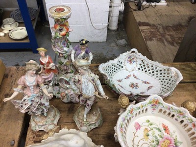 Lot 28 - Group of continental ceramics, including a Dresden centrepice, a Dresden pierced bowl supported by cherubs, etc