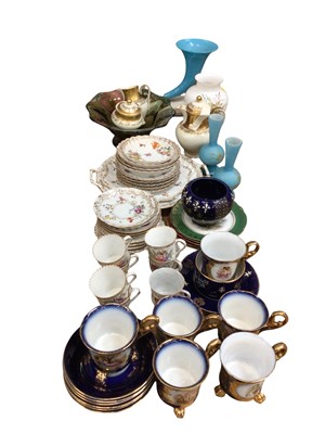 Lot 30 - Group of china and glass, including Dresden tea wares and a blue glass cornucopia on a marble base