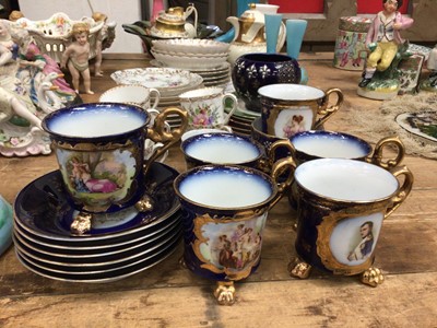 Lot 30 - Group of china and glass, including Dresden tea wares and a blue glass cornucopia on a marble base