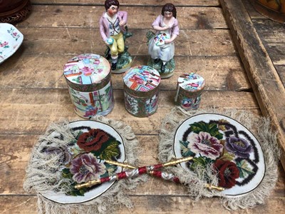Lot 34 - Set of six graduated Chinese Canton boxes, a pair of Staffordshire figures, and a pair of embroidered screens