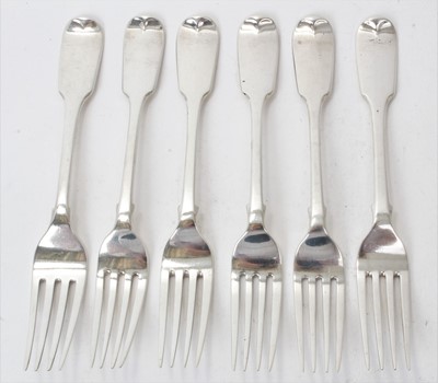 Lot 249 - Six Victorian silver fiddle pattern dessert forks