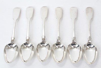 Lot 250 - Set of six Victorian silver fiddle pattern dessert spoons