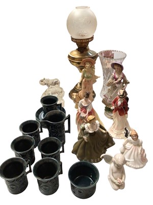 Lot 347 - Four Royal Doulton figures, other ornaments, glass, brass lamp and Portmeirion pottery tea/coffee ware