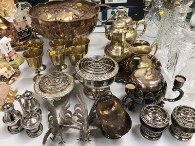 Lot 349 - Large silver plated punch bowl, cups and ladle set, together with other plated ware, metal and two mirrors