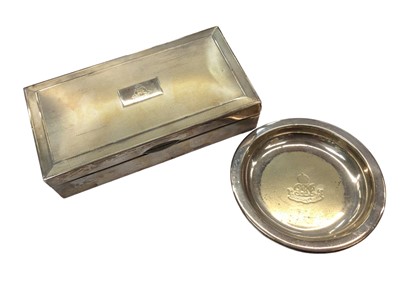 Lot 1049 - Silver cigarette box with engraved military insignia, together with a plated dish