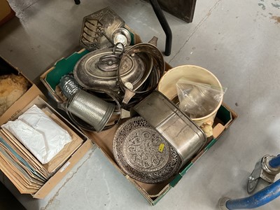 Lot 416 - Eastern white metal circular plate, together with a group of silver plate and metal ware (1 box)