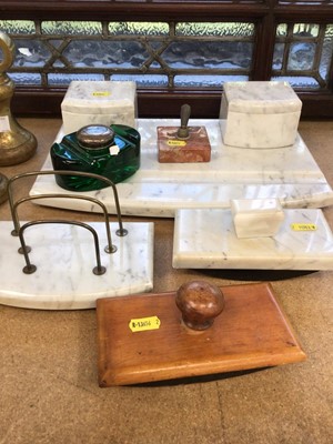 Lot 74 - Art Deco white marble desk set comprising inkstand, letter rack and blotter together with a pen stand, green glass inkwell with silver lid and a wooden blotter