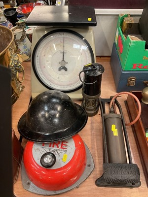 Lot 492 - Dunlop standard foot pump, together with a miners lamp, scales, tin helmet, vintage fire alarm