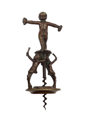 Lot 377 - Antique bronze corkscrew with putti decoration
