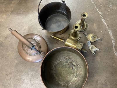 Lot 168 - Copper kettle, antique brass pan, other copper and brass