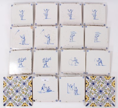 Lot 55 - Collection of fourteen Dutch blue and white tiles and two others