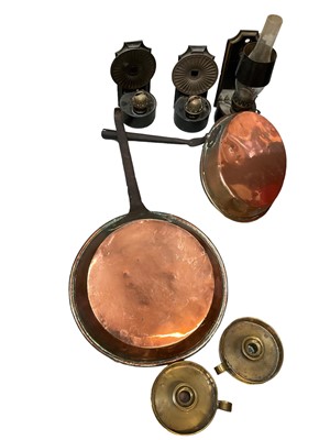 Lot 131 - Two 19th century copper pans, wall hanging oil lamps, other metal ware