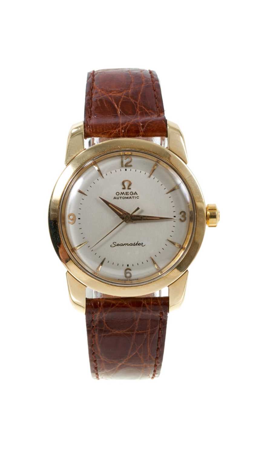 Lot 436 - 1950s/1960s Omega 18ct gold Seamaster wristwatch on leather strap