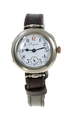 Lot 437 - WWI period Longines wristwatch on leather strap