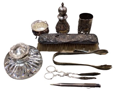 Lot 1101 - Silver mounted glass inkwell, other silver items and a Danish silver plated caster