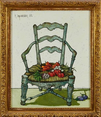 Lot 213 - Keith Ingermann (1929-2012) oil on board - Still Life with Chair and Vegetables, signed and dated '72, 47cm x 39cm, in gilt frame