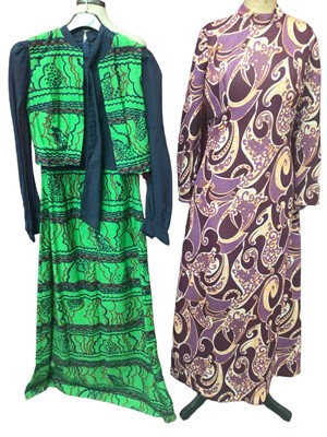 Lot 2055 - 1960's dress selection including Carnegie pale blue dress with cord-work embroidery, purple psychedelic maxi dress, abstract green and navy dress with bolero by D.L.Barron,  mink satin dress with e...