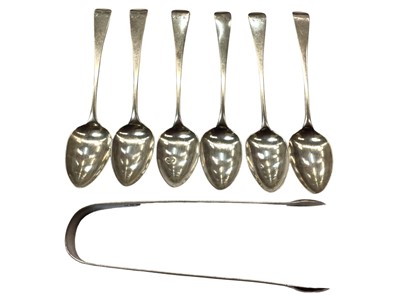 Lot 1074 - Set of six Georgian silver teaspoons, together with a pair of silver sugar tongs