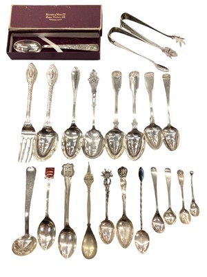 Lot 1075 - Collection of novelty and commemorative silver teaspoons, silver sugar tongs and other flatware