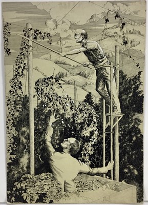 Lot 313 - English School, fine 1960s pen and ink on card - The Hop Pickers, indistinctly signed, dated '69, unframed, 73.5cm x 51cm