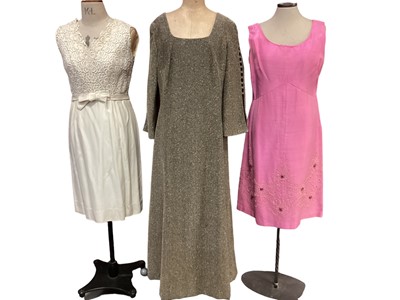 Lot 2060 - Selection of 1960's clothing including black wool dress by Dolly Rockers, cream lace top dress by Cresta, pink crepe column dress with silver dots by Blanes, column dress with side button detail  a...